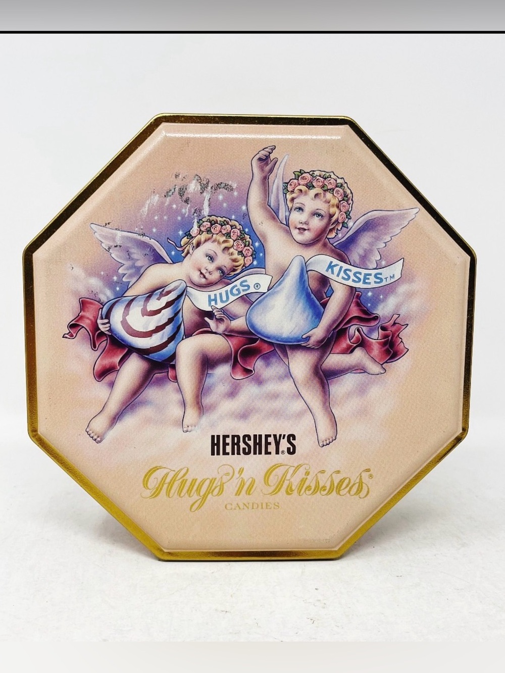 VINTAGE HERSHEY’S “HUGS N KISSES ANGELS PASTEL PINK COLLECTIBLE METAL TIN